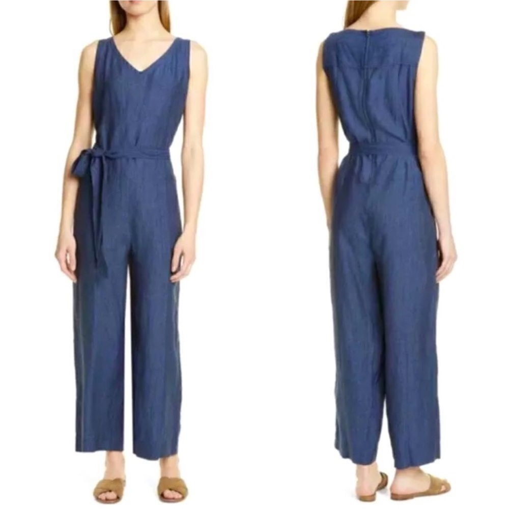 Eileen Fisher organic linen jumpsuit Navy Blue Sz SP W/ Belted Relaxed Leg Comfy